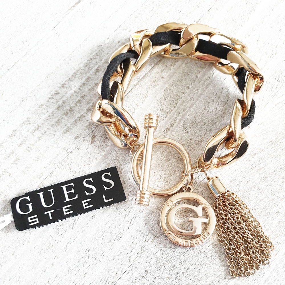 GUESS Steel Woven Cuban Link Charm Bracelet